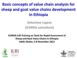 Basic concepts of value chain analysis for
sheep and goat value chains development
                in Ethiopia
                    Getachew Legese
                  (ICARDA consultant)

   ICARDA-ILRI Training on Tools for Rapid Assessment of
        Sheep and Goat Value Chains in Ethiopia
            Addis Ababa, 5-8 November 2012
 