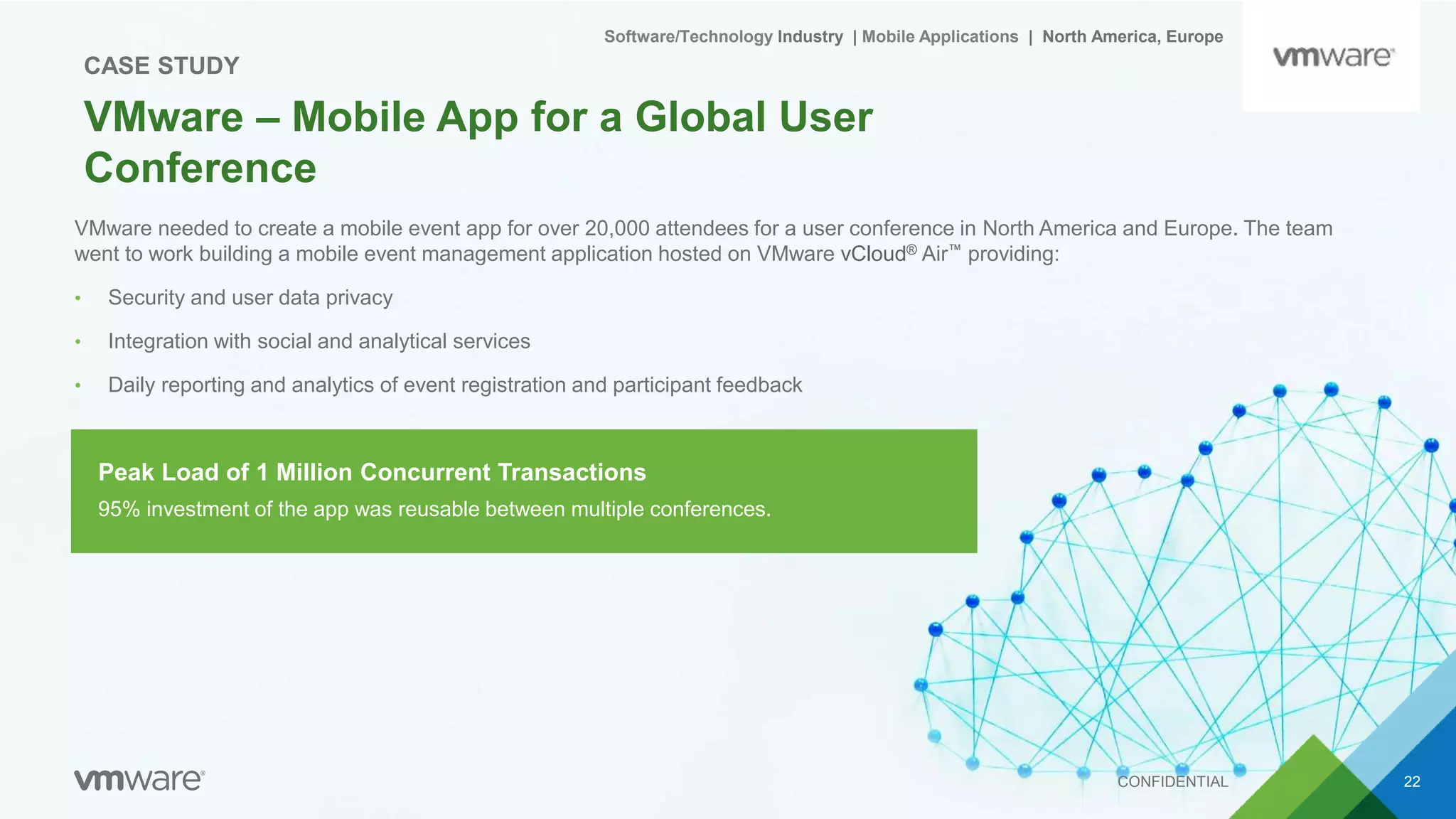 VMware needed to create a mobile event app for over 20,000 attendees for a user conference in North America and Europe. The team
went to work building a mobile event management application hosted on VMware vCloud® Air™ providing:
• Security and user data privacy
• Integration with social and analytical services
• Daily reporting and analytics of event registration and participant feedback
CONFIDENTIAL 22
VMware – Mobile App for a Global User
Conference
CASE STUDY
Software/Technology Industry | Mobile Applications | North America, Europe
95% investment of the app was reusable between multiple conferences.
Peak Load of 1 Million Concurrent Transactions
 