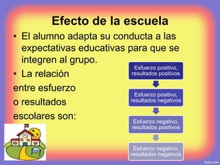 Efecto de la escuela
• El alumno adapta su conducta a las
expectativas educativas para que se
integren al grupo.
• La relación
entre esfuerzo
o resultados
escolares son:
Esfuerzo positivo,
resultados positivos
Esfuerzo positivo,
resultados negativos
Esfuerzo negativo,
resultados positivos
Esfuerzo negativo,
resultados negativos
 