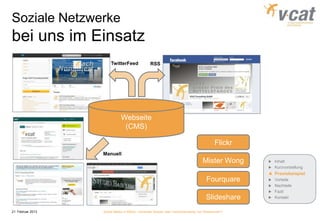 Soziale Netzwerke
bei uns im Einsatz
                       TwitterFeed              RSS




                             Webseite
                              (CMS)

                                                                                        Flickr
                   Manuell
                                                                                Mister Wong      Inhalt
                                                                                                 Kurzvorstellung
                                                                                                 Praxisbeispiel
                                                                                   Fourquare     Vorteile
                                                                                                 Nachteile
                                                                                                 Fazit
                                                                                  Slideshare     Kontakt


21. Februar 2013   Social Media in KMUs - konkreter Nutzen oder Verschwendung von Ressourcen?
 