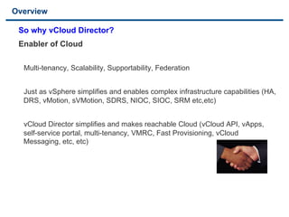 Overview

  So why vCloud Director?
  Enabler of Cloud

      Multi-tenancy, Scalability, Supportability, Federation

      Just as vSphere simplifies and enables complex infrastructure capabilities (HA,
    DRS, vMotion, sVMotion, SDRS, NIOC, SIOC, SRM etc,etc)


      vCloud Director simplifies and makes reachable Cloud (vCloud API, vApps,
    self-service portal, multi-tenancy, VMRC, Fast Provisioning, vCloud
    Messaging, etc, etc)




5                                      VMware Confidential
 