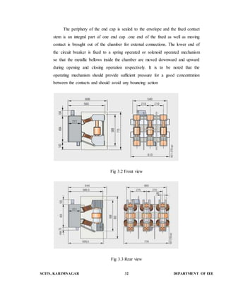 The periphery of the end cap is sealed to the envelope and the fixed contact 
stem is an integral part of one end cap .one end of the fixed as well as moving 
contact is brought out of the chamber for external connections. The lower end of 
the circuit breaker is fixed to a spring operated or solenoid operated mechanism 
so that the metallic bellows inside the chamber are moved downward and upward 
during opening and closing operation respectively. It is to be noted that the 
operating mechanism should provide sufficient pressure for a good concentration 
between the contacts and should avoid any bouncing action 
Fig 3.2 Front view 
Fig 3.3 Rear view 
SCITS, KARIMNAGAR 32 DEPARTMENT OF EEE 
 