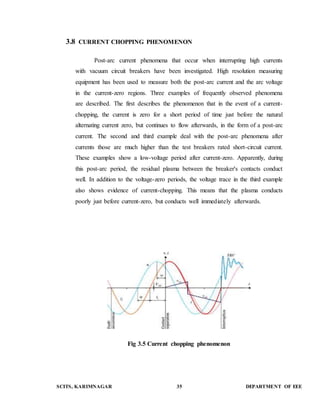 3.8 CURRENT CHOPPING PHENOMENON 
Post-arc current phenomena that occur when interrupting high currents 
with vacuum circuit breakers have been investigated. High resolution measuring 
equipment has been used to measure both the post-arc current and the arc voltage 
in the current-zero regions. Three examples of frequently observed phenomena 
are described. The first describes the phenomenon that in the event of a current-chopping, 
the current is zero for a short period of time just before the natural 
alternating current zero, but continues to flow afterwards, in the form of a post-arc 
current. The second and third example deal with the post-arc phenomena after 
currents those are much higher than the test breakers rated short-circuit current. 
These examples show a low-voltage period after current-zero. Apparently, during 
this post-arc period, the residual plasma between the breaker's contacts conduct 
well. In addition to the voltage-zero periods, the voltage trace in the third example 
also shows evidence of current-chopping. This means that the plasma conducts 
poorly just before current-zero, but conducts well immediately afterwards. 
Fig 3.5 Current chopping phenomenon 
SCITS, KARIMNAGAR 35 DEPARTMENT OF EEE 
 