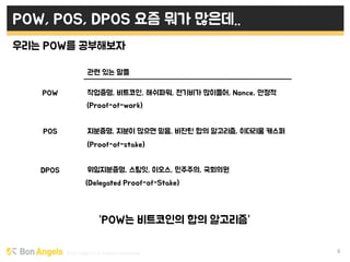 Early stage VC & Veteran Pacemaker 6
POW, POS, DPOS 요즘 뭐가 많은데..
우리는 POW를 공부해보자
POW
POS
DPOS
관련 있는 말들
작업증명, 비트코인, 해쉬파워, 전기비가 많이들어, Nonce, 안정적
지분증명, 지분이 많으면 믿음, 비잔틴 합의 알고리즘, 이더리움 캐스퍼
위임지분증명, 스팀잇, 이오스, 민주주의, 국회의원
“POW는 비트코인의 합의 알고리즘”
(Proof-of-work)
(Proof-of-stake)
(Delegated Proof-of-Stake)
 