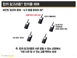 Early stage VC & Veteran Pacemaker 7
합의 알고리즘? 합의를 왜해
비잔틴 장군의 문제 - 누구 말을 믿어야 해?
즉, 합의 알고리즘은 서로 믿을 수 없는 상황에서,
가장 신뢰 할 수 있는 길을 택하는 방법
조조가 쳐들어온다
아니야 저건
거짓말이야
상대는 유비다 유비
나도 봤다. 조조다
[남을 속이고 싶은 A씨]
 