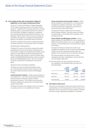 Access Bank Plc
Annual Report and Accounts 2010
136
44	 (a)	Compliance Plan with Central Bank of Nigeria’s
Regulation on the Scope of Banking Activities
	 Section 6 (1) of the Central Bank of Nigeria Regulation
on the Scope of Banking activities and ancillary matters
issued on 7 September 2010 requires every bank currently
operating under a universal banking licence to submit to
the Central Bank of Nigeria for approval a compliance
plan duly approved by the bank’s Board of Directors. The
regulation requires banks to divest from all non-banking
businesses and apply for a new type of banking licence
based on the decision of the Bank’s Board of Directors.
	 The Bank’s compliance plan which was duly approved by
the Board of Directors on 28 October 2010 is as follows:
	 Proposed type of banking licence
	 The Board of Directors of the Bank reviewed the options
provided by the new licensing regime instituted by the
Central Bank of Nigeria and resolved that the Bank should
apply for an International Commercial Banking licence.
By this, the Bank shall maintain a minimum paid up share
capital of N50,000,000,000 (fifty billion naira) as required
by the new CBN Regulation No 01, 2010 on the Scope,
Conditions and Minimum Standards for Commercial
Banks.
	 Divestment from non-banking subsidiaries
	 The Bank has three non-banking subsidiaries which
are: United Securities Limited, Access Investment and
Securities Limited and Access Homes and Mortgages
Limited.
	 United Securities Limited, a wholly owned subsidiary of
Access Bank Plc, is a Securities and Exchange Commission
licenced provider of securities register and data
administration services. The Company was acquired by
the Bank in 2008 and currently has an authorised share
capital of N50 million.
	 The Board of Directors has resolved to sell the Company
as a going concern to an acceptable core investor.
	
Access Investment and Securities Limited, a wholly
owned subsidiary of Access Bank Plc, is the investment
management subsidiary of the Bank. The Company
commenced operation in 2008 and currently has an
authorised share capital N500 million.
	 The Board of Directors resolved that the Company
would undergo members’ voluntary winding up except
if a willing buyer is found before the conclusion of the
winding up process.
	 Access Homes and Mortgages Limited, a wholly
owned subsidiary of Access Bank Plc, was incorporated in
2008 and licensed by CBN to carry on mortgage banking
business in January 2009 with an authorised share capital
of N1 billion.
	 The Board of Directors resolved that the Bank will
integrate the operations of Access Homes and Mortgages
Limited into its own operations and the assets and
liabilities of the company will be transferred to the Bank.
	 The financial position and performance of these
subsidiaries have been consolidated as control still exists
as at the balance sheet date.
(b)	 The total assets, net assets and gross earnings of
the subsidiaries to be disposed and/or wound up are
presented below:
	 United	 Access
	 Securities	 Investment
	 Limited	 and Securities	 Total
	 N’000	 N’000	 N’000
Total assets	 6,093,521	 604,898	 6,698,419
Net assets	 467,701	 529,113	 996,814
Gross earnings	 318,975	 9,684	 328,659
45	 Post balance sheet event
	 There were no post balance sheet events which could have a
material effect on the financial position of the Group as at 31
December 2010 or the profit for the year ended on that date
that have not been adequately provided for or disclosed.
Notes to the Group Financial Statements (Cont.)
 