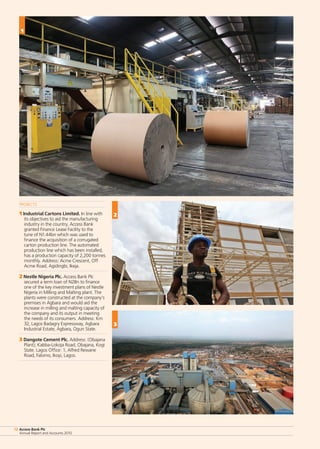 Access Bank Plc
Annual Report and Accounts 2010
12 Access Bank Plc
Annual Report and Accounts 2010
12
Projects
1 Industrial Cartons Limited. In line with
its objectives to aid the manufacturing
industry in the country, Access Bank
granted Finance Lease Facility to the
tune of N1.44bn which was used to
finance the acquisition of a corrugated
carton production line. The automated
production line which has been installed,
has a production capacity of 2,200 tonnes
monthly. Address: Acme Crescent, Off
Acme Road, Agidingbi, Ikeja.
2 Nestle Nigeria Plc. Access Bank Plc
secured a term loan of N2Bn to finance
one of the key investment plans of Nestle
Nigeria in Milling and Malting plant. The
plants were constructed at the company’s
premises in Agbara and would aid the
increase in milling and malting capacity of
the company and its output in meeting
the needs of its consumers. Address: Km
32, Lagos Badagry Expressway, Agbara
Industrial Estate, Agbara, Ogun State.
3 Dangote Cement Plc. Address: (Obajana
Plant); Kabba-Lokoja Road, Obajana, Kogi
State. Lagos Office: 1, Alfred Rewane
Road, Falomo, Ikoyi, Lagos.
1
2
3
 