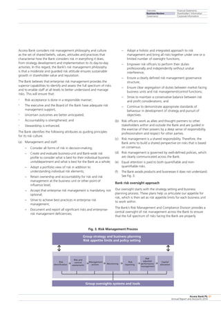 Overview
Business Review
Governance
Financial Statements
Shareholders’ Information
Corporate Information
Access Bank Plc
Annual Report and Accounts 2010
31
Access Bank considers risk management philosophy and culture
as the set of shared beliefs, values, attitudes and practices that
characterise how the Bank considers risk in everything it does,
from strategy development and implementation to its day-to-day
activities. In this regard, the Bank’s risk management philosophy
is that a moderate and guarded risk attitude ensures sustainable
growth in shareholder value and reputation.
The Bank believes that enterprise risk management provides the
superior capabilities to identify and assess the full spectrum of risks
and to enable staff at all levels to better understand and manage
risks. This will ensure that:
•	 Risk acceptance is done in a responsible manner;
•	 The executive and the Board of the Bank have adequate risk
management support;
•	 Uncertain outcomes are better anticipated;
•	 Accountability is strengthened; and
•	 Stewardship is enhanced.
The Bank identifies the following attributes as guiding principles
for its risk culture.
(a)	 Management and staff:
–	 Consider all forms of risk in decision-making;
–	 Create and evaluate business-unit and Bank-wide risk
profile to consider what is best for their individual business
units/department and what is best for the Bank as a whole;
–	 Adopt a portfolio view of risk in addition to
understanding individual risk elements;
–	 Retain ownership and accountability for risk and risk
management at the business unit or other point of
influence level;
–	 Accept that enterprise risk management is mandatory, not
optional;
–	 Strive to achieve best practices in enterprise risk
management;
–	 Document and report all significant risks and enterprise-
risk management deficiencies;
–	 Adopt a holistic and integrated approach to risk
management and bring all risks together under one or a
limited number of oversight functions;
–	 Empower risk officers to perform their duties
professionally and independently without undue
interference;
–	 Ensure a clearly defined risk management governance
structure;
–	 Ensure clear segregation of duties between market facing
business units and risk management/control functions;
–	 Strive to maintain a conservative balance between risk
and profit considerations; and
–	 Continue to demonstrate appropriate standards of
behaviour in development of strategy and pursuit of
objectives.
(b)	 Risk officers work as allies and thought partners to other
stakeholders within and outside the Bank and are guided in
the exercise of their powers by a deep sense of responsibility,
professionalism and respect for other parties.
(c)	Risk management is a shared responsibility. Therefore, the
Bank aims to build a shared perspective on risks that is based
on consensus.
(d)	 Risk management is governed by well-defined policies, which
are clearly communicated across the Bank.
(e)	 Equal attention is paid to both quantifiable and non-
quantifiable risks.
(f)	 The Bank avoids products and businesses it does not understand.
See Fig. 3.
Bank risk oversight approach
Our oversight starts with the strategy setting and business
planning process. These plans help us articulate our appetite for
risk, which is then set as risk appetite limits for each business unit
to work within.
The Bank’s Risk Management and Compliance Division provides a
central oversight of risk management across the Bank to ensure
that the full spectrum of risks facing the Bank are properly
Fig. 3. Risk Management Process
Group strategy and business planning
Risk appetite limits and policy setting
Risk
identification
Management
actions
Risk and
control
assessments
Risk
reportingMonitoring
Risk
adjusted
performance
management
Capital
allocation
Group oversights systems and tools
 