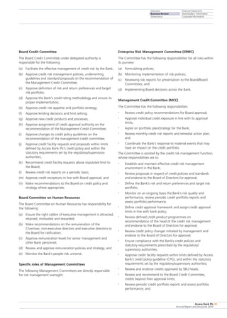 Overview
Business Review
Governance
Financial Statements
Shareholders’ Information
Corporate Information
Access Bank Plc
Annual Report and Accounts 2010
39
Board Credit Committee
The Board Credit Committee under delegated authority is
responsible for the following:
(a)	 Facilitate the effective management of credit risk by the Bank;
(b)	 Approve credit risk management policies, underwriting
guidelines and standard proposals on the recommendation of
the Management Credit Committee;
(c)	 Approve definition of risk and return preferences and target
risk portfolio;
(d)	 Approve the Bank’s credit rating methodology and ensure its
proper implementation;
(e)	 Approve credit risk appetite and portfolio strategy;
(f)	 Approve lending decisions and limit setting;
(g)	 Approve new credit products and processes;
(h)	 Approve assignment of credit approval authority on the
recommendation of the Management Credit Committee;
(i)	 Approve changes to credit policy guidelines on the
recommendation of the management credit committee;
(j)	 Approve credit facility requests and proposals within limits
defined by Access Bank Plc’s credit policy and within the
statutory requirements set by the regulatory/supervisory
authorities;
(k)	 Recommend credit facility requests above stipulated limit to
the Board;
(l)	 Review credit risk reports on a periodic basis;
(m)	 Approve credit exceptions in line with Board approval; and
(n)	 Make recommendations to the Board on credit policy and
strategy where appropriate.
Board Committee on Human Resources
The Board Committee on Human Resources has responsibility for
the following:
(a)	 Ensure the right calibre of executive management is attracted,
retained, motivated and rewarded;
(b)	 Make recommendations on the remuneration of the
Chairman, non-executive directors and executive directors to
the Board for ratification;
(c)	 Approve remuneration levels for senior management and
other Bank personnel;
(d)	 Review and approve remuneration policies and strategy; and
(e)	 Monitor the Bank’s people-risk universe.
Specific roles of Management Committees
The following Management Committees are directly responsible
for risk management oversight:
Enterprise Risk Management Committee (ERMC)
The Committee has the following responsibilities for all risks within
its purview:
(a)	 Formulating policies;
(b)	 Monitoring implementation of risk policies;
(c)	 Reviewing risk reports for presentation to the Board/Board
Committees; and
(d)	 Implementing Board decisions across the Bank.
Management Credit Committee (MCC)
The Committee has the following responsibilities:
•	 Review credit policy recommendations for Board approval;
•	 Approve individual credit exposure in line with its approval
limits;
•	 Agree on portfolio plan/strategy for the Bank;
•	 Review monthly credit risk reports and remedial action plan;
and
•	 Coordinate the Bank’s response to material events that may
have an impact on the credit portfolio.
The Committee is assisted by the credit risk management function,
whose responsibilities are to:
•	 Establish and maintain effective credit risk management
environment in the Bank;
•	 Review proposals in respect of credit policies and standards
and endorse to the Board of Directors for approval;
•	 Define the Bank’s risk and return preferences and target risk
portfolio;
•	 Monitor on an ongoing basis the Bank’s risk quality and
performance, review periodic credit portfolio reports and
assess portfolio performance;
•	 Define credit approval framework and assign credit approval
limits in line with bank policy;
•	 Review defined credit product programmes on
recommendation of the head of the credit risk management
and endorse to the Board of Directors for approval;
•	 Review credit policy changes initiated by management and
endorse to the Board of Directors for approval;
•	 Ensure compliance with the Bank’s credit policies and
statutory requirements prescribed by the regulatory/
supervisory authorities;
•	 Approve credit facility requests within limits defined by Access
Bank’s credit policy guideline (CPG), and within the statutory
requirements set by the regulatory/supervisory authorities;
•	 Review and endorse credits approved by SBU heads;
•	 Review and recommend to the Board Credit Committee,
credits beyond their approval limits;
•	 Review periodic credit portfolio reports and assess portfolio
performance; and
 