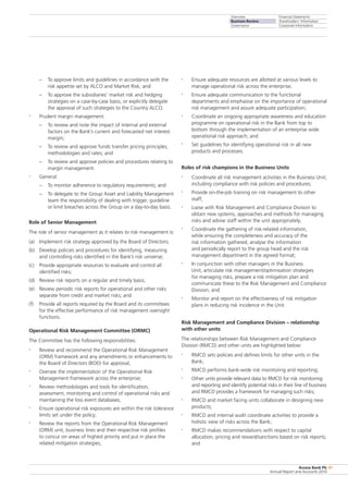 Overview
Business Review
Governance
Financial Statements
Shareholders’ Information
Corporate Information
Access Bank Plc
Annual Report and Accounts 2010
41
–	 To approve limits and guidelines in accordance with the
risk appetite set by ALCO and Market Risk; and
–	 To approve the subsidiaries’ market risk and hedging
strategies on a case-by-case basis, or explicitly delegate
the approval of such strategies to the Country ALCO.
•	 Prudent margin management:
–	 To review and note the impact of internal and external
factors on the Bank’s current and forecasted net interest
margin;
–	 To review and approve funds transfer pricing principles,
methodologies and rates; and
–	 To review and approve policies and procedures relating to
margin management.
•	 General:
–	 To monitor adherence to regulatory requirements; and
–	 To delegate to the Group Asset and Liability Management
team the responsibility of dealing with trigger, guideline
or limit breaches across the Group on a day-to-day basis.
Role of Senior Management
The role of senior management as it relates to risk management is:
(a)	 Implement risk strategy approved by the Board of Directors;
(b)	 Develop policies and procedures for identifying, measuring
and controlling risks identified in the Bank’s risk universe;
(c)	 Provide appropriate resources to evaluate and control all
identified risks;
(d)	 Review risk reports on a regular and timely basis;
(e)	 Review periodic risk reports for operational and other risks
separate from credit and market risks; and
(f)	 Provide all reports required by the Board and its committees
for the effective performance of risk management oversight
functions.
Operational Risk Management Committee (ORMC)
The Committee has the following responsibilities:
•	 Review and recommend the Operational Risk Management
(ORM) framework and any amendments or enhancements to
the Board of Directors (BOD) for approval;
•	 Oversee the implementation of the Operational Risk
Management framework across the enterprise;
•	 Review methodologies and tools for identification,
assessment, monitoring and control of operational risks and
maintaining the loss event databases;
•	 Ensure operational risk exposures are within the risk tolerance
limits set under the policy;
•	 Review the reports from the Operational Risk Management
(ORM) unit, business lines and their respective risk profiles
to concur on areas of highest priority and put in place the
related mitigation strategies;
•	 Ensure adequate resources are allotted at various levels to
manage operational risk across the enterprise;
•	 Ensure adequate communication to the functional
departments and emphasise on the importance of operational
risk management and assure adequate participation;
•	 Coordinate an ongoing appropriate awareness and education
programme on operational risk in the Bank from top to
bottom through the implementation of an enterprise wide
operational risk approach; and
•	 Set guidelines for identifying operational risk in all new
products and processes.
Roles of risk champions in the Business Units
•	 Coordinate all risk management activities in the Business Unit,
including compliance with risk policies and procedures;
•	 Provide on-the-job training on risk management to other
staff;
•	 Liaise with Risk Management and Compliance Division to
obtain new systems, approaches and methods for managing
risks and advise staff within the unit appropriately;
•	 Coordinate the gathering of risk-related information,
while ensuring the completeness and accuracy of the
risk information gathered, analyse the information
and periodically report to the group head and the risk
management department in the agreed format;
•	 In conjunction with other managers in the Business
Unit, articulate risk management/optimisation strategies
for managing risks, prepare a risk mitigation plan and
communicate these to the Risk Management and Compliance
Division; and
•	 Monitor and report on the effectiveness of risk mitigation
plans in reducing risk incidence in the Unit.
Risk Management and Compliance Division – relationship
with other units
The relationships between Risk Management and Compliance
Division (RMCD) and other units are highlighted below:
•	 RMCD sets policies and defines limits for other units in the
Bank;
•	 RMCD performs bank-wide risk monitoring and reporting;
•	 Other units provide relevant data to RMCD for risk monitoring
and reporting and identify potential risks in their line of business
and RMCD provides a framework for managing such risks;
•	 RMCD and market facing units collaborate in designing new
products;
•	 RMCD and internal audit coordinate activities to provide a
holistic view of risks across the Bank;
•	 RMCD makes recommendations with respect to capital
allocation, pricing and reward/sanctions based on risk reports;
and
 