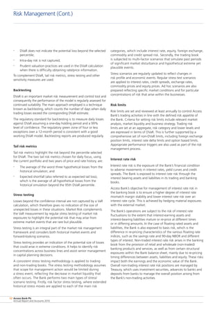 Access Bank Plc
Annual Report and Accounts 2010
52
•	 DVaR does not indicate the potential loss beyond the selected
percentile;
•	 Intra-day risk is not captured;
•	 Prudent valuation practices are used in the DVaR calculation
when there is difficulty obtaining rate/price information.
To complement DVaR, tail risk metrics, stress testing and other
sensitivity measures are used.
Backtesting
DVaR is an important market risk measurement and control tool and
consequently the performance of the model is regularly assessed for
continued suitability. The main approach employed is a technique
known as backtesting, which counts the number of days when daily
trading losses exceed the corresponding DVaR estimate.
The regulatory standard for backtesting is to measure daily losses
against DVaR assuming a one-day holding period and a 99%
level of confidence. The regulatory green zone of four or less
exceptions over a 12-month period is consistent with a good
working DVaR model. Backtesting reports are produced regularly.
Tail risk metrics
Tail risk metrics highlight the risk beyond the percentile selected
for DVaR. The two tail risk metrics chosen for daily focus, using
the current portfolio and two years of price and rate history, are:
•	 The average of the worst three hypothetical losses from the
historical simulation; and
•	 Expected shortfall (also referred to as expected tail loss),
which is the average of all hypothetical losses from the
historical simulation beyond the 95th DVaR percentile.
Stress testing
Losses beyond the confidence interval are not captured by a VaR
calculation, which therefore gives no indication of the size of
unexpected losses in these situations. Market Risk complements
the VaR measurement by regular stress testing of market risk
exposures to highlight the potential risk that may arise from
extreme market events that are rare but plausible.
Stress testing is an integral part of the market risk management
framework and considers both historical market events and
forward-looking scenarios.
Stress testing provides an indication of the potential size of losses
that could arise in extreme conditions. It helps to identify risk
concentrations across business lines and assist senior management
in capital planning decisions.
A consistent stress testing methodology is applied to trading
and non-trading books. The stress testing methodology assumes
that scope for management action would be limited during
a stress event, reflecting the decrease in market liquidity that
often occurs. The Bank performs two main types of stress/
scenario testing. Firstly, risk factor stress testing, where extended
historical stress moves are applied to each of the main risk
categories, which include interest rate, equity, foreign exchange,
commodity and credit spread risk. Secondly, the trading book
is subjected to multi-factor scenarios that simulate past periods
of significant market disturbance and hypothetical extreme yet
plausible events.
Stress scenarios are regularly updated to reflect changes in
risk profile and economic events. Regular stress test scenarios
are applied to interest rates, credit spreads, exchange rates,
commodity prices and equity prices. Ad hoc scenarios are also
prepared reflecting specific market conditions and for particular
concentrations of risk that arise within the businesses.
Risk limits
Risk limits are set and reviewed at least annually to control Access
Bank’s trading activities in line with the defined risk appetite of
the Bank. Criteria for setting risk limits include relevant market
analysis, market liquidity and business strategy. Trading risk
limits are set at an aggregate, risk category and lower levels and
are expressed in terms of DVaR. This is further supported by a
comprehensive set of non-DVaR limits, including foreign exchange
position limits, interest rate delta limits and option based limits.
Appropriate performance triggers are also used as part of the risk
management process.
Interest rate risk
Interest rate risk is the exposure of the Bank’s financial condition
to adverse movements in interest rates, yield curves and credit
spreads. The Bank is exposed to interest rate risk through the
interest bearing assets and liabilities in its trading and banking
books.
Access Bank’s objective for management of interest rate risk in
the banking book is to ensure a higher degree of interest rate
mismatch margin stability and lower interest rate risk over an
interest rate cycle. This is achieved by hedging material exposures
with the external market.
The Bank’s operations are subject to the risk of interest rate
fluctuations to the extent that interest-earning assets and
interest-bearing liabilities mature or re-price at different times
or in differing amounts. In the case of floating rated assets and
liabilities, the Bank is also exposed to basis risk, which is the
difference in re-pricing characteristics of the various floating rate
indices, such as the savings rate and 90-day NBOR and different
types of interest. Non-traded interest rate risk arises in the banking
book from the provision of retail and wholesale (non-traded)
banking products and services, as well as from certain structural
exposures within the Bank balance sheet, mainly due to re-pricing
timing differences between assets, liabilities and equity. These risks
impact both the earnings and the economic value of the Bank.
Overall non-trading interest rate risk positions are managed by
Treasury, which uses investment securities, advances to banks and
deposits from banks to manage the overall position arising from
the Bank’s non-trading activities.
Risk Management (Cont.)
 