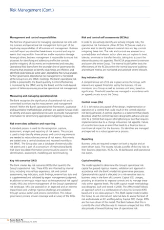 Access Bank Plc
Annual Report and Accounts 2010
62
Risk and control self assessments (RCSAs)
In order to pro-actively identify and actively mitigate risks, the
operational risk framework utilises RCSAs. RCSAs are used at a
granular level to identify relevant material risks and key controls
mitigating these risks. The risks and controls are assessed on a
quarterly basis and relevant action plans are put in place to treat,
tolerate, terminate or transfer the risks, taking into account the
relevant business risk appetites. The RCSA programme is extensive
and covers the entire Group. The Internal Audit further tests the
effectiveness of the RCSAs within the normal course of auditing
and relevant metrics are monitored and actioned where relevant.
Key indicators (KIs)
A comprehensive set of KIs are in place across the Group, with
relevant and agreed thresholds set by the business. KIs are
monitored on a Group as well as business unit level, based on
significance. Threshold breaches are managed in accordance with
an agreed process across the Group.
Control issues (CIs)
A CI is defined as any aspect of the design, implementation or
operation of a control that could result in the control objective
not being achieved. A control objective is a statement that clearly
describes what the control has been designed to achieve and can
refer to a control that requires strengthening or one that requires
implementation due to a change in business risk appetite. Failure
of a control can cause an event that leads to a financial loss or
non-financial impact for the business. CIs identified are managed
and reported via a robust governance process.
Reporting
Business units are required to report on both a regular and an
event-driven basis. The reports include a profile of the key risks to
their business objectives, RCAs, CIs, KI dashboards and operational
risk events.
Capital modeling
The model applied to determine the Group’s operational risk
capital has passed rigorous reviews, validation and approval in
accordance with the Bank’s model risk governance processes.
Operational risk capital is allocated on a risk-sensitive basis to
business units in the form of Economic Capital (EC) charges,
providing an incentive to improve controls and to manage these
risks within appetite levels. The AMA capital model methodology
was designed, built and tested in 2008. The AMA model follows
an approach which is a combination of a key risk scenario (KRS)
based and a loss data approach. The AMA capital model enables
the Group to use internal and external data to assess the level of
risk and calculate an EC and Regulatory Capital (RC) charge. KRSs
are the main driver of the model. The Bank believes that this is
currently the most effective way to measure unexpected loss. KRSs
also provide a forward looking view of operational risk.
Management and control responsibilities
The first line of governance for managing operational risk rests with
the business and operational risk management forms part of the
day-to-day responsibilities of all business unit management. Business
unit staff report any identified breakdowns in control and any risk
events that may result in financial loss and/or reputation damage.
Amongst others, business management is responsible to ensure that
processes for identifying and addressing ineffective controls
and the mitigating of risk events are implemented and executed.
Operational Risk teams form the secondary line of governance by
ensuring that processes to identify weaknesses are effective, and
identified weaknesses are acted upon. Operational Risk Group enables
further governance. Operational risk management is monitored
at the Group Exco and ERMC meetings. The Bank’s operational risk
profile is presented to the Board quarterly. Control effectiveness
is monitored by the ERMC and by the Board; and the multi-layered
system of defences ensures pro-active operational risk management.
Measuring and managing operational risk
The Bank recognises the significance of operational risk and is
committed to enhancing the measurement and management
thereof. Within the Bank’s operational risk framework, qualitative
and quantitative methodologies and tools are applied (Group-wide)
to identify and assess operational risks and to provide management
information for determining appropriate mitigating measures.
Risk event data collection and reporting
A standard process is used for the recognition, capture,
assessment, analysis and reporting of risk events. This process
is used to help identify where process and control requirements
are needed to reduce the recurrence of risk events. Risk events
are loaded onto a central database and reported monthly to
the ERMC. The Group also uses a database of external public
risk events and is part of a consortium of international banks
that share loss data information anonymously to assist in risk
identification, assessment, modelling and benchmarking.
Key risk scenarios (KRS)
The Bank creates key risk scenarios (KRSs) that quantify the
Group’s operational risks. These KRSs are informed by internal
data, including internal loss experience, risk and control
assessments, key indicators, audit findings, external loss data and
is supplemented and validated by expert management judgment.
In addition to serving as major input to the operational risk capital
model, KRSs also inform management of the Group’s operational
risk landscape. KRSs are assessed on an expected and an extreme
impact basis and undergo rigorous challenge and validation
through various parties and process committees. This robust
governance process ensures coverage and accuracy of the KRSs.
Risk Management (Cont.)
 