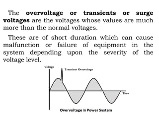 The overvoltage or transients or surge
voltages are the voltages whose values are much
more than the normal voltages.
These are of short duration which can cause
malfunction or failure of equipment in the
system depending upon the severity of the
voltage level.
 