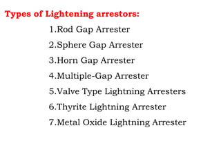 Types of Lightening arrestors:
1.Rod Gap Arrester
2.Sphere Gap Arrester
3.Horn Gap Arrester
4.Multiple-Gap Arrester
5.Valve Type Lightning Arresters
6.Thyrite Lightning Arrester
7.Metal Oxide Lightning Arrester
 