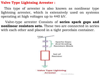 Valve Type Lightning Arrester :
This type of arrester is also known as nonlinear type
lightning arrester, which is extensively used on systems
operating at high voltages up to 440 kV.
Valve-type arrester Consists of series spark gaps and
nonlinear resistors sets. These two are connected in series
with each other and placed in a tight porcelain container.
 
