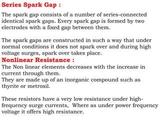 Series Spark Gap :
The spark gap consists of a number of series-connected
identical spark gaps. Every spark gap is formed by two
electrodes with a fixed gap between them.
The spark gaps are constructed in such a way that under
normal conditions it does not spark over and during high
voltage surges, spark over takes place.
Nonlinear Resistance :
The Non linear elements decreases with the increase in
current through them.
They are made up of an inorganic compound such as
thyrite or metrosil.
These resistors have a very low resistance under high-
frequency surge currents, Where as under power frequency
voltage it offers high resistance.
 