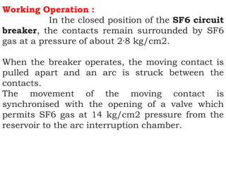 Working Operation :
In the closed position of the SF6 circuit
breaker, the contacts remain surrounded by SF6
gas at a pressure of about 2·8 kg/cm2.
When the breaker operates, the moving contact is
pulled apart and an arc is struck between the
contacts.
The movement of the moving contact is
synchronised with the opening of a valve which
permits SF6 gas at 14 kg/cm2 pressure from the
reservoir to the arc interruption chamber.
 