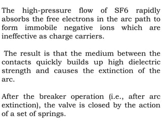 The high-pressure flow of SF6 rapidly
absorbs the free electrons in the arc path to
form immobile negative ions which are
ineffective as charge carriers.
The result is that the medium between the
contacts quickly builds up high dielectric
strength and causes the extinction of the
arc.
After the breaker operation (i.e., after arc
extinction), the valve is closed by the action
of a set of springs.
 