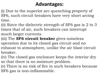 Advantages:
(i) Due to the superior arc quenching property of
SF6, such circuit breakers have very short arcing
time.
(ii) Since the dielectric strength of SF6 gas is 2 to 3
times that of air, such breakers can interrupt
much larger currents.
(iii) The SF6 circuit breaker gives noiseless
operation due to its closed gas circuit and no
exhaust to atmosphere, unlike the air blast circuit
breaker.
(iv) The closed gas enclosure keeps the interior dry
so that there is no moisture problem.
(v) There is no risk of fire in such breakers because
SF6 gas is non-inflammable.
 