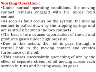 Working Operation :
•Under normal operating conditions, the moving
contact remains engaged with the upper fixed
contact.
•As soon as fault occurs on the system, the moving
contact is pulled down by the tripping springs and
arc is struck between the two contacts.
•The heat of arc causes vaporisation of the oil and
produces gases under high pressure.
•Due to this action, the oil is pass through a
central hole in the moving contact and creates
turbulance of the oil.
• This causes successively quenching of arc by the
effect of separate stream of oil moving across each
section in turn and bearing away its gases.
 