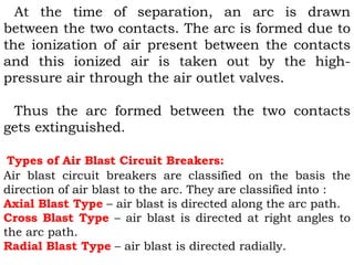 At the time of separation, an arc is drawn
between the two contacts. The arc is formed due to
the ionization of air present between the contacts
and this ionized air is taken out by the high-
pressure air through the air outlet valves.
Thus the arc formed between the two contacts
gets extinguished.
Types of Air Blast Circuit Breakers:
Air blast circuit breakers are classified on the basis the
direction of air blast to the arc. They are classified into :
Axial Blast Type – air blast is directed along the arc path.
Cross Blast Type – air blast is directed at right angles to
the arc path.
Radial Blast Type – air blast is directed radially.
 