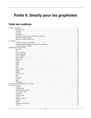 Partie II. Smarty pour les graphistes

Table des matières
3. Bases syntaxiques ............................................................................................................................       11
            Commentaires ....................................................................................................................           11
            Variables ...........................................................................................................................       12
            Fonctions ...........................................................................................................................       13
            Paramètres .........................................................................................................................        13
            Variables insérées dans des chaînes de caractères ......................................................................                    14
            Opérations mathématiques ....................................................................................................               14
            Désactiver l'analyse de Smarty ...............................................................................................              15
4. Variables ........................................................................................................................................   16
            Variables assignées depuis PHP .............................................................................................                16
            Variables chargées depuis des fichiers de configuration ..............................................................                      18
            Variable réservée {$smarty} .................................................................................................               19
5. Modificateurs de variables .................................................................................................................         22
            capitalize ...........................................................................................................................      23
            cat ....................................................................................................................................    24
            count_characters .................................................................................................................          24
            count_paragraphs ................................................................................................................           25
            count_sentences ..................................................................................................................          26
            count_words ......................................................................................................................          26
            date_format ........................................................................................................................        27
            default ..............................................................................................................................      29
            escape ...............................................................................................................................      30
            indent ...............................................................................................................................      31
            lower ................................................................................................................................      32
            nl2br .................................................................................................................................     33
            regex_replace .....................................................................................................................         33
            replace ..............................................................................................................................      34
            spacify ..............................................................................................................................      34
            string_format ......................................................................................................................        35
            strip ..................................................................................................................................    36
            strip_tags ...........................................................................................................................      36
            truncate .............................................................................................................................      37
            upper ................................................................................................................................      38
            wordwrap ..........................................................................................................................         38
6. Combiner des modificateurs de variable. ..............................................................................................               41
7. Fonctions natives .............................................................................................................................      42
            {capture} ...........................................................................................................................       42
            {config_load} .....................................................................................................................         43
            {foreach},{foreachelse} .......................................................................................................             45
            {if},{elseif},{else} ..............................................................................................................         49
            {include} ...........................................................................................................................       51
            {include_php} ....................................................................................................................          53
            {insert} .............................................................................................................................      54
            {ldelim},{rdelim} ...............................................................................................................           55
            {literal} .............................................................................................................................     56
            {php} ...............................................................................................................................       57
            {section},{sectionelse} ........................................................................................................            58
            {strip} ...............................................................................................................................     67


                                                                                9
 