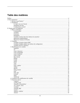 Table des matières
Préface ............................................................................................................................................... vi
I. Pour commencer ................................................................................................................................ 1
      1. Qu'est-ce que Smarty ? ............................................................................................................... 2
      2. Installation ............................................................................................................................... 4
             Ce dont vous avez besoin ........................................................................................................ 4
             Installation de base ................................................................................................................ 4
             Configuration avancée ........................................................................................................... 7
II. Smarty pour les graphistes .................................................................................................................. 9
      3. Bases syntaxiques .................................................................................................................... 11
             Commentaires .................................................................................................................... 11
             Variables ........................................................................................................................... 12
             Fonctions ........................................................................................................................... 13
             Paramètres ......................................................................................................................... 13
             Variables insérées dans des chaînes de caractères ...................................................................... 14
             Opérations mathématiques .................................................................................................... 14
             Désactiver l'analyse de Smarty ............................................................................................... 15
      4. Variables ................................................................................................................................ 16
             Variables assignées depuis PHP ............................................................................................. 16
             Variables chargées depuis des fichiers de configuration .............................................................. 18
             Variable réservée {$smarty} ................................................................................................. 19
      5. Modificateurs de variables ......................................................................................................... 22
             capitalize ........................................................................................................................... 23
             cat .................................................................................................................................... 24
             count_characters ................................................................................................................. 24
             count_paragraphs ................................................................................................................ 25
             count_sentences .................................................................................................................. 26
             count_words ...................................................................................................................... 26
             date_format ........................................................................................................................ 27
             default .............................................................................................................................. 29
             escape ............................................................................................................................... 30
             indent ............................................................................................................................... 31
             lower ................................................................................................................................ 32
             nl2br ................................................................................................................................. 33
             regex_replace ..................................................................................................................... 33
             replace .............................................................................................................................. 34
             spacify .............................................................................................................................. 34
             string_format ...................................................................................................................... 35
             strip .................................................................................................................................. 36
             strip_tags ........................................................................................................................... 36
             truncate ............................................................................................................................. 37
             upper ................................................................................................................................ 38
             wordwrap .......................................................................................................................... 38
      6. Combiner des modificateurs de variable. ...................................................................................... 41
      7. Fonctions natives ..................................................................................................................... 42
             {capture} ........................................................................................................................... 42
             {config_load} ..................................................................................................................... 43
             {foreach},{foreachelse} ....................................................................................................... 45
             {if},{elseif},{else} .............................................................................................................. 49
             {include} ........................................................................................................................... 51
             {include_php} .................................................................................................................... 53
             {insert} ............................................................................................................................. 54
             {ldelim},{rdelim} ............................................................................................................... 55
             {literal} ............................................................................................................................. 56

                                                                                iii
 