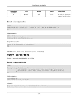 Modificateurs de variables



      Position du               Type                   Requis              Defaut   Description
      paramètre
              1                boolean                  Non                FALSE    Si l'on doit inclure les
                                                                                    espaces dans le compte.



Exemple 5.4. count_characters

<?php
$smarty->assign('titreArticle', 'Vagues de froid liées à la température.');
?>


Où le template est :
{$titreArticle}
{$titreArticle|count_characters}
{$titreArticle|count_characters:true}


Ce qui donne en sortie :
Vagues de froid liées à la température.
33
39



Voir aussi count_words, count_sentences et count_paragraphs.

count_paragraphs
Compte le nombre de paragraphes dans une variable.


Exemple 5.5. count_paragraphs

<?php
$smarty->assign('articleTitle',
                "War Dims Hope for Peace. Child's Death Ruins Couple's Holiday.nn
                Man is Fatally Slain. Death Causes Loneliness, Feeling of Isolation."
             );
?>


Où le template est :
{$TitreArticle}
{$TitreArticle|count_paragraphs}


Affichera :
La guerre apporte la paix, au prix de la vie des innocents.
1




                                                         25
 