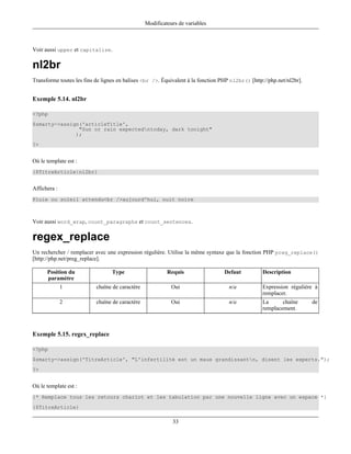 Modificateurs de variables



Voir aussi upper et capitalize.

nl2br
Transforme toutes les fins de lignes en balises <br />. Équivalent à la fonction PHP nl2br() [http://php.net/nl2br].


Exemple 5.14. nl2br

<?php
$smarty->assign('articleTitle',
               "Sun or rain expectedntoday, dark tonight"
              );
?>


Où le template est :
{$TitreArticle|nl2br}


Affichera :
Pluie ou soleil attendu<br />aujourd'hui, nuit noire



Voir aussi word_wrap, count_paragraphs et count_sentences.

regex_replace
Un rechercher / remplacer avec une expression régulière. Utilise la même syntaxe que la fonction PHP preg_replace()
[http://php.net/preg_replace].

      Position du                 Type                    Requis                  Defaut          Description
      paramètre
              1            chaîne de caractère              Oui                     n/a           Expression régulière à
                                                                                                  remplacer.
              2            chaîne de caractère              Oui                     n/a           La      chaîne       de
                                                                                                  remplacement.



Exemple 5.15. regex_replace

<?php
$smarty->assign('TitreArticle', "L'infertilité est un maux grandissantn, disent les experts.");
?>


Où le template est :
{* Remplace tous les retours chariot et les tabulation par une nouvelle ligne avec un espace *}
{$TitreArticle}

                                                            33
 