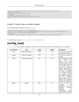 Fonctions natives



{* nous ne voulons afficher une balise div que si le contenu est affiché. *}
{capture name=banner}
  {include file='get_banner.tpl'}
{/capture}
{if $smarty.capture.banner ne ""}
<div id="banner">{$smarty.capture.banner}</div>
{/if}




Exemple 7.2. {capture} dans une variable de template

Cet exemple démontre également la fonction {popup}
{capture name=some_content assign=popText}
Le serveur est {$smarty.server.SERVER_NAME|upper} sur {$smarty.server.SERVER_ADDR}<br>
Votre IP est {$smarty.server.REMOTE_ADDR}.
{/capture}
<a href="#" {popup caption='Information sur le serveur' text=$popText}>Aide</a>



Voir aussi $smarty.capture, {eval}, {fetch}, fetch() et {assign}.

{config_load}
{config_load} est utiliseé pour charger des variables #variables# depuis un fichier de configuration dans un template.

     Nom attribut                Type                    Requis                  Défaut          Description
          file             chaîne de caractère             Oui                     n/a           Le nom du fichier de
                                                                                                 configuration à inclure
        section            chaîne de caractère            Non                      n/a           Le nom de la section à
                                                                                                 charger
         scope             chaîne de caractère             non                    local          La façon dont la portée
                                                                                                 des     variables      est
                                                                                                 définie, soit local,
                                                                                                 parent ou global. local
                                                                                                 signifie que la variable
                                                                                                 est chargée dans le
                                                                                                 contexte du template.
                                                                                                 parent indique que la
                                                                                                 variable est disponible
                                                                                                 tant dans le template
                                                                                                 qui l'a inclus que dans
                                                                                                 le template parent,
                                                                                                 ayant réalisé l'inclusion
                                                                                                 du     sous     template.
                                                                                                 global signifie que la
                                                                                                 variable est diponible
                                                                                                 dans tous les templates.
         global                 booléen                   Non                      No            Si oui ou non les
                                                                                                 variables            sont
                                                                                                 disponibles pour les
                                                                                                 templates        parents,
                                                                                                 identique               à
                                                                                                 scope=parent.      Note:
                                                                                                 Cet attribut est obsolète

                                                           43
 