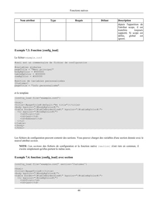 Fonctions natives


     Nom attribut                 Type                   Requis                   Défaut          Description
                                                                                                  depuis l'apparition de
                                                                                                  l'attribut scope, il est
                                                                                                  toutefois        toujours
                                                                                                  supporté. Si scope est
                                                                                                  défini,     global    est
                                                                                                  ignoré.



Exemple 7.3. Fonction {config_load}

Le fichier example.conf
#ceci est un commentaire de fichier de configuration
#variables globales
pageTitle = "Menu principal"
bodyBgColor = #000000
tableBgColor = #000000
rowBgColor = #00ff00
#section de variables personnalisées
[Customer]
pageTitle = "Info personnalisée"


et le template
{config_load file='example.conf'}
<html>
<title>{#pageTitle#|default:"No title"}</title>
<body bgcolor="{#bodyBgColor#}">
<table border="{#tableBorderSize#}" bgcolor="{#tableBgColor#}">
  <tr bgcolor="{#rowBgColor#}">
    <td>First</td>
    <td>Last</td>
    <td>Address</td>
  </tr>
</table>
</body>
</html>



Les fichiers de configuration peuvent contenir des sections. Vous pouvez charger des variables d'une section donnée avec le
nouvel attribut section.

    NOTE: Les sections des fichiers de configuration et la fonction native {section} n'ont rien en commun, il
    s'avère simplement qu'elles portent le même nom.


Exemple 7.4. fonction {config_load} avec section

{config_load file='example.conf' section='Customer'}
<html>
<title>{#pageTitle#}</title>
<body bgcolor="{#bodyBgColor#}">
<table border="{#tableBorderSize#}" bgcolor="{#tableBgColor#}">
  <tr bgcolor="{#rowBgColor#}">
    <td>First</td>
    <td>Last</td>


                                                            44
 