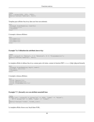 Fonctions natives



<?php
$arr = array(1000, 1001, 1002);
$smarty->assign('myArray', $arr);
?>


Template pour afficher $myArray dans une liste non-ordonnée.
<ul>
 {foreach from=$myArray item=foo}
 <li>{$foo}</li>
 {/foreach}
</ul>


L'exemple ci-dessus affichera :
<ul>
 <li>1000</li>
 <li>1001</li>
 <li>1002</li>
</ul>




Exemple 7.6. Utilisation des attributs item et key

<?php
$arr = array(9 => 'Tennis', 3 => 'Natation', 8 => 'Programmation');
$smarty->assign('myArray', $arr);
?>


Le template affiche le tableau $myArray comme paire clé/valeur, comme la fonction PHP foreach [http://php.net/foreach].
<ul>
 {foreach from=$myArray key=k item=v}
 <li>{$k}: {$v}</li>
 {/foreach}
</ul>


L'exemple ci-dessus affichera :
<ul>
 <li>9: Tennis</li>
 <li>3: Natation</li>
 <li>8: Programmation</li>
</ul>




Exemple 7.7. {foreach} avec un attribut associatif item

<?php
$items_list = array(23 => array('no' => 2456, 'label' => 'Salad'),
    96 => array('no' => 4889, 'label' => 'Cream')
);
$smarty->assign('items', $items_list);
?>


Le template affiche $items avec $myId dans l'URL.


                                                           46
 