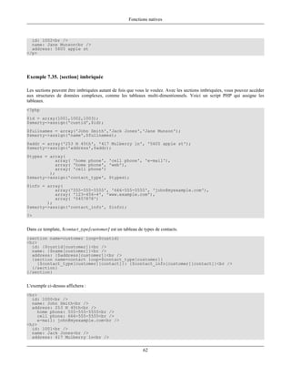 Fonctions natives



  id: 1002<br />
  name: Jane Munson<br />
  address: 5605 apple st
</p>




Exemple 7.35. {section} imbriquée

Les sections peuvent être imbriquées autant de fois que vous le voulez. Avec les sections imbriquées, vous pouvez accéder
aux structures de données complexes, comme les tableaux multi-dimentionnels. Voici un script PHP qui assigne les
tableaux.
<?php
$id = array(1001,1002,1003);
$smarty->assign('custid',$id);
$fullnames = array('John Smith','Jack Jones','Jane Munson');
$smarty->assign('name',$fullnames);
$addr = array('253 N 45th', '417 Mulberry ln', '5605 apple st');
$smarty->assign('address',$addr);
$types = array(
           array( 'home phone', 'cell phone', 'e-mail'),
           array( 'home phone', 'web'),
           array( 'cell phone')
         );
$smarty->assign('contact_type', $types);
$info = array(
           array('555-555-5555', '666-555-5555', 'john@myexample.com'),
           array( '123-456-4', 'www.example.com'),
           array( '0457878')
        );
$smarty->assign('contact_info', $info);
?>


Dans ce template, $contact_type[customer] est un tableau de types de contacts.
{section name=customer loop=$custid}
<hr>
  id: {$custid[customer]}<br />
  name: {$name[customer]}<br />
  address: {$address[customer]}<br />
  {section name=contact loop=$contact_type[customer]}
    {$contact_type[customer][contact]}: {$contact_info[customer][contact]}<br />
  {/section}
{/section}


L'exemple ci-dessus affichera :
<hr>
  id: 1000<br />
  name: John Smith<br />
  address: 253 N 45th<br />
    home phone: 555-555-5555<br />
    cell phone: 666-555-5555<br />
    e-mail: john@myexample.com<br />
<hr>
  id: 1001<br />
  name: Jack Jones<br />
  address: 417 Mulberry ln<br />


                                                            62
 
