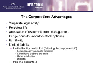 The Corporation: Advantages <ul><li>“ Separate legal entity” </li></ul><ul><li>Perpetual life </li></ul><ul><li>Separation...