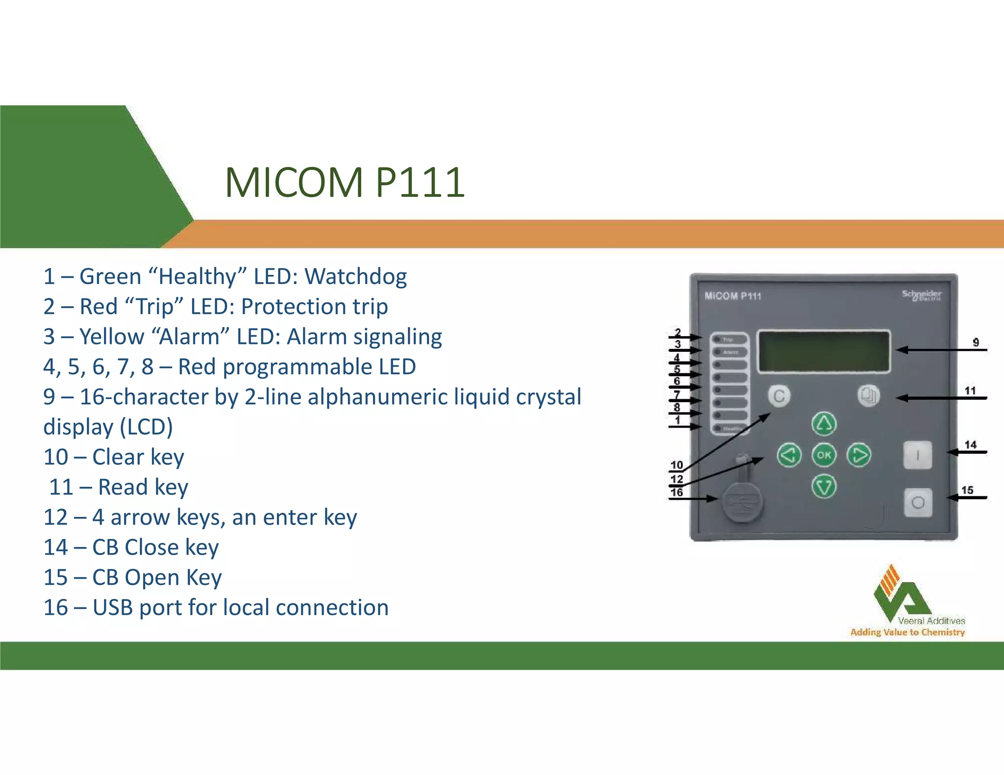 MICOM P111
1 – Green “Healthy” LED: Watchdog
2 – Red “Trip” LED: Protection trip
3 – Yellow “Alarm” LED: Alarm signaling
4, 5, 6, 7, 8 – Red programmable LED
9 – 16-character by 2-line alphanumeric liquid crystal
display (LCD)
10 – Clear key
11 – Read key
12 – 4 arrow keys, an enter key
14 – CB Close key
15 – CB Open Key
16 – USB port for local connection
 