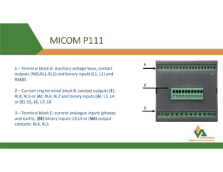 MICOM P111
1 – Terminal block A: Auxiliary voltage Vaux, contact
outputs (WD,RL1-RL3) and binary inputs (L1, L2) and
RS485
2 – Current ring terminal block B: contact outputs (E):
RL4, RL5 or (A): RL6, RL7 and binary inputs (A): L3, L4
or (E): L5, L6, L7, L8
3 – Terminal block C: current analogue inputs (phases
and earth), (BE) binary inputs: L3,L4 or (NA) output
contacts: RL4, RL5
 