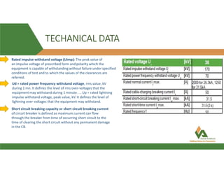 TECHANICAL DATA
Rated impulse withstand voltage (Uimp): The peak value of
an impulse voltage of prescribed form and polarity which the
equipment is capable of withstanding without failure under specified
conditions of test and to which the values of the clearances are
referred.
Ud = rated power frequency withstand voltage, rms value, kV
during 1 mn. It defines the level of rms over-voltages that the
equipment may withstand during 1 minute. ... Up = rated lightning
impulse withstand voltage, peak value, kV. It defines the level of
lightning over-voltages that the equipment may withstand.
Short circuit breaking capacity or short circuit breaking current
of circuit breaker is defined as maximum current can flow
through the breaker from time of occurring short circuit to the
time of clearing the short circuit without any permanent damage
in the CB.
 