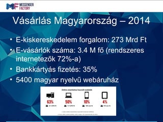 Vásárlás Magyarország – 2014
• E-kiskereskedelem forgalom: 273 Mrd Ft
• E-vásárlók száma: 3.4 M fő (rendszeres
internetezők 72%-a)
• Bankkártyás fizetés: 35%
• 5400 magyar nyelvű webáruház
 