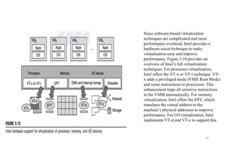 99
Since software-based virtualization
techniques are complicated and incur
performance overhead, Intel provides a
hardware-assist technique to make
virtualization easy and improve
performance. Figure 3.10 provides an
overview of Intel’s full virtualization
techniques. For processor virtualization,
Intel offers the VT-x or VT-i technique. VT-
x adds a privileged mode (VMX Root Mode)
and some instructions to processors. This
enhancement traps all sensitive instructions
in the VMM automatically. For memory
virtualization, Intel offers the EPT, which
translates the virtual address to the
machine’s physical addresses to improve
performance. For I/O virtualization, Intel
implements VT-d and VT-c to support this.
 