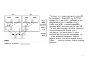 103
That means a two-stage mapping process should
be maintained by the guest OS and the VMM,
respectively: virtual memory to physical memory
and physical memory to machine memory.
Furthermore, MMU virtualization should be
supported, which is transparent to the guest OS.
The guest OS continues to control the mapping of
virtual addresses to the physical memory
addresses of VMs. But the guest OS cannot
directly access the actual machine memory. The
VMM is responsible for mapping the guest
physical memory to the actual machine memory.
Figure 3.12 shows the two-level memory mapping
procedure.
 