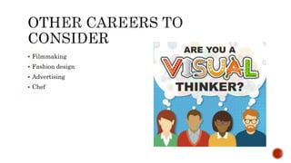  Filmmaking
 Fashion design
 Advertising
 Chef
 