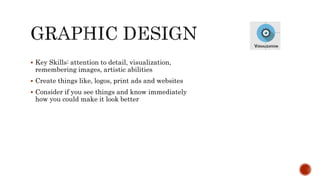  Key Skills: attention to detail, visualization,
remembering images, artistic abilities
 Create things like, logos, print ads and websites
 Consider if you see things and know immediately
how you could make it look better
 