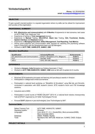 Venkatachalapathi K
Phone: +91 9535082958
email: kvchalapathi496@gmail.com
OBJECTIVE
To get a growth oriented position in a reputed organization where my skills can be utilized for improvement
and success of the organization.
PROFESSINAL SUMMARY
• B.E. (Electronics and communication) with 6 Months of experience on test scenarios, test cases
on ACTI-TIME Tool, Hawk-eye Tool.
• Experience of testing in Time management domain.
• Experience in Manual Testing, SDLC/STLC, Black box Testing, GUI, Functional, Smoke,
System Interface and Database testing.
• Experience in Managing Execution, Defect Management, Test Reporting, Test Metrics.
• Having good judgment and communication skills required for reporting and prioritizing software
bugs in conjunction with the Development team and QA Managers.
• Worked on ACTI TIME, HAWK-EYE, SAMAY, GIM.
Education Qualification
Qualification University/Boards Achievements
B.E (Electronics and Communication) EPCET, Bangalore (VTU, Belgaum) 75.85 %
PUC SDCMS, Kolar 73.33 %
SSLC GHS, DN Halli, Malur(T) 79.36 %
EXPERIENCE
• Worked at Amazon, India Bangalore as Catalog Associate (1 Year).
• Worked on ACTI TIME,HAWK-EYE, SAMAY, GIM tools as QA with Q spiders for 6 months
ACHIEVEMENTS
• Received 2014Leadership principals and learning and peculiarpus awards in Amazon.
• Participated in college level cricket tournaments.
• Participated in national level workshop on “ModelSim & Simulation” using Mat lab and Simulink,
conducted in association with IEEE student’s branch, IETE student’s forum and ITIE knowledge
solutions.
• Industrial visit to ISRO.
• Participated in zonal rounds of “ROBO GALAXY” 2013-14, a national level robotics championship
held at EPCET organized by UV Softs Technologies Pvt Ltd.
• Pursued DJVT (diploma in java technologies) Java Technologies by NIIT.
Technical Skills
Defect Tracking Tool : ACTI TIME, HAWK-EYE, SAMAY.
Operating system : Windows
Languages : Core JAVA,”C”, C++, Oracle(SQL), Micro processor(8086),
Micro Controller (8051)
Database : DBMS, RDBMS, MySQL
Tools : Net Beans IDE, MATLAB, Model sim, XLINKS, CAED, Eclipse,
QC.
PROJECT DETAILS
1
 