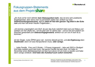 www.oeko.de

Fokusgruppen-Statements
aus dem Projekt Share
„Ein Auto ist für mich definitiv kein Statussymbol mehr, das ist eine sehr praktische
Angelegenheit, aber wenn man es persönlich selber hat, einfach nur eine
Geldvernichtungsmaschine, weil es steht eh fast den ganzen Tag blöd in der Ecke
rum und man hat einen Haufen Folgekosten. „
„Ich komme ursprünglich vom Dorf, da war das Auto natürlich total cool und Status und
seitdem ich hier (Köln) bin - ich bin jetzt seit 10 Jahren hier - und es hat sich wirklich ein
bisschen gewandelt zum Gebrauchsgegenstand, wirklich nur um von A nach B zu
kommen.“
Ich bin Single, nutze ÖPNV ganz viel - komme überall gut hin, und als Ergänzung eben
Stadtmobil, wenn ich was transportieren muss, oder car2go.
„…habe Familie, Frau und 2 Kinder - 3 Frauen insgesamt -, lebe seit 2003 in Stuttgart
und habe seitdem auch kein Auto. Die ganze Familie hat kein Auto. Ich hatte im
November einen Betriebswechsel und war kurz davor mir ein Auto zu kaufen und habe
dann car2go entdeckt. Und habe den Autokauf auch sofort verworfen.

Carsharing│Wiebke Zimmer│Berlin│26.11.2013

Share 2013, Durchführung von zwei Fokusgruppen, je eine Gruppe in Köln
und Stuttgart; Gesamt 23 TeilnehmerInnen; Aktuelle NutzerInnen von car2go;
Größtenteils Vielnutzer; Gemischte Altersstruktur; ISOE/Öko-Institut 2013

10

 