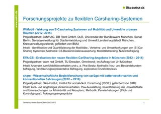www.oeko.de

Forschungsprojekte zu flexiblen Carsharing-Systemen
WiMobil - Wirkung von E-Carsharing Systemen auf Mobilität und Umwelt in urbanen
Räumen (2012- 2015)
Projektpartner: BMW AG, DB Rent GmbH, DLR, Universität der Bundeswehr München, Senat
Berlin, Senatsverwaltung für Stadtentwicklung und Umwelt Landeshauptstadt München,
Kreisverwaltungsreferat; gefördert von BMU
Inhalt: Identifikation und Quantifizierung der Mobilitäts-, Verkehrs- und Umweltwirkungen von (E-)Car
Sharing Systemen; Methodik: CS-Backend-Datenauswertung, Mobilitätstracking, Nutzerbefragung

EVA-CS - Evaluation der neuen flexiblen CarSharing-Angebote in München (2012 – 2014)
Projektpartner: team red GmbH, TU Dresden, Omnitrend; im Auftrag von LH München
Inhalt: Analysen zum Mobilitätsverhalten und u. a. Pkw Besitz; Methodik: Neu- und Bestandskundenbefragung, bevölkerungsrepräsentative Befragung, explorative Einzelinterviews

share - Wissenschaftliche Begleitforschung von car2go mit batterieelektrischen und
konventionellen Fahrzeugen (2012 – 2016)
Projektpartner: Öko-Institut, Institut für sozial-ökol. Forschung (ISOE); gefördert von BMU
Inhalt: kurz- und langfristiges Verkehrsverhalten, Pkw-Ausstattung, Quantifizierung der Umwelteffekte
und Untersuchungen zur Attraktivität und Akzeptanz; Methodik: Panelerhebungen (Pilot- und
Kontrollgruppe), Fokusgruppengespräche
Carsharing│Wiebke Zimmer│Berlin│26.11.2013

4

 