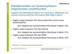 www.oeko.de

Mobilitätsverhalten von Carsharing-Nutzern
vergleichsweise umweltfreundlich
Vergleich des Mobilitätsverhaltens von Carsharern* (BeMobility 2.0)
und dem durchschnittlichen Pkw-Nutzer (MiD 2008) in Berlin:
●

Täglich nutzen Carsharer 10% den privaten Pkw und 4% einen
Carsharing-Pkw
Zum Vergleich der durchschnittliche Pkw-Nutzer in Berlin: 35%

●

Täglich nutzen Carsharer 43% das Fahrrad
Zum Vergleich der durchschnittliche Pkw-Nutzer in Berlin: 21%

●

Täglich nutzen Carsharer 40% den ÖPNV
Zum Vergleich der durchschnittliche Pkw-Nutzer in Berlin: 35%

* bei flexibel und z.T. stationsgeb. Carsharing angemeldete Personen
Carsharing│Wiebke Zimmer│Berlin│26.11.2013

Quelle: Eigene Berechnung basierend auf Daten des InnoZ (2013):
BeMobility 2.0 und infas: MiD (Mobilität in Deutschland) 2008.

6

 