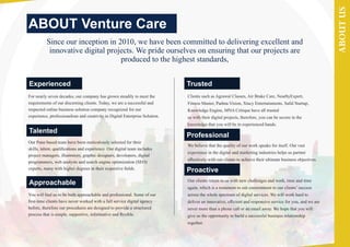 ABOUT Venture Care
ABOUTUS
Since our inception in 2010, we have been committed to delivering excellent and
innovative digital projects. We pride ourselves on ensuring that our projects are
produced to the highest standards,
Experienced
For nearly seven decades, our company has grown steadily to meet the
requirements of our discerning clients. Today, we are a successful and
respected online business solution company recognized for our
experience, professionalism and creativity in Digital Enterprise Solution.
Our Pune based team have been meticulously selected for their
skills, talent, qualiﬁcations and experience. Our digital team includes
project managers, illustrators, graphic designers, developers, digital
programmers, web analysts and search engine optimization (SEO)
experts, many with higher degrees in their respective ﬁelds.
You will ﬁnd us to be both approachable and professional. Some of our
ﬁrst-time clients have never worked with a full service digital agency
before, therefore our procedures are designed to provide a structured
process that is simple, supportive, informative and ﬂexible.
Talented
Approachable
Trusted
Professional
Proactive
Clients such as Agrawal Classes, Air Brake Care, NearbyExpert,
Fitness Master, Padma Vision, Xtacy Entertainments, Safal Startup,
Knowledge Engine, MNA Critique have all trusted
us with their digital projects, therefore, you can be secure in the
knowledge that you will be in experienced hands.
We believe that the quality of our work speaks for itself. Our vast
experience in the digital and marketing industries helps us partner
eﬀectively with our clients to achieve their ultimate business objectives.
Our clients return to us with new challenges and work, time and time
again, which is a testament to our commitment to our clients’ success
across the whole spectrum of digital services. We will work hard to
deliver an innovative, eﬃcient and responsive service for you, and we are
never more than a phone call or an email away. We hope that you will
give us the opportunity to build a successful business relationship
together.
 
