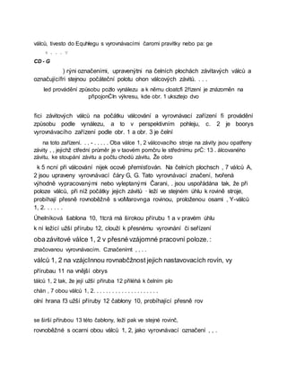 válců, tivesto do Equhłegu s vyrovnávacími čaromi pravítky nebo pa: ge
4 . . . V
CD - G
) rýni označeními, upravenýtni na čelních płochách závítavých válců a
označujícífri stejnou počáteční polotu ohon válcových závitů. . . .
led provádění způsobu pożlo vynálezu a k němu cloatcfi 2řízení je znázorněn na
připojonĆIn výkresu, kde obr. 1 uksztejo dvo
fici závitových válců na počátku válcování a vyrovnávací zařízení fi provádění
způsobu podle vynálezu, a to v perspektivním pohleju, c. 2 je boorys
vyrovnávacího zařízení podle obr. 1 a obr. 3 je čelní
na toto zařízení. . . - . . . . . Oba válce 1, 2 válcovacího stroje na závity jsou opatřeny
závity , , jejichž ctřední průměr je v taovém pomčru le střednímu prĆ: 13 . álcovaného
závitu, ke stoupání závitu a počtu chodů závitu, Že obro
k 5 ncní při válcování nijek ocově přemísťován. Na čelních plochsch , 7 válců A,
2 jsou upraveny vyrovnávací čáry G, G. Tato vyrovnávací značení, tvořená
výhodně vypracovanými nebo vyleptanými Čarani, . jsou uspořádána tak, že při
poloze válců, při níž počátky jejich závitů · leží ve stejném úhlu k rovině stroje,
probíhají přesně rovnoběžně s voMarovnga rovinou, proloženou osami , Y-válců
1, 2. . . . . .
Úhelníková šablona 10, 1tcrá má širokou přírubu 1 a v pravém úhlu
k ní ležící užší přírubu 12, clouží k přesnému vyrovnání či seřízení
oba závitové válce 1, 2 v přesné vzájomné pracovní poloze.:
značovanou vyrovnávacím. Cznačenírnt , , . .
válců 1, 2 na vzájcInnou rovnabčžnost jejich nastavovacích rovín, vy
přírubau 11 na vnější obrys
tálců 1, 2 tak, že její užší příruba 12 přiléhá k čelním plo
chán , 7 obou válců 1, 2. . . . . . . . . . . . . . . . . . . . .
olní hrana f3 užší příruby 12 čabłony 10, probíhající přesně rov
se širší přírubou 13 této čabłony, leží pak ve stejné rovinč,
rovnoběžné s ocarni obou válců 1, 2, jako vyrovnávací označení , , .
 