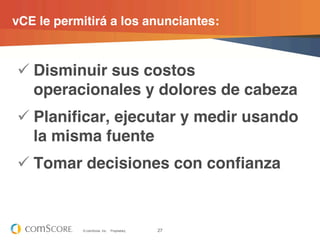 vCE le permitirá a los anunciantes:



 Disminuir sus costos
  operacionales y dolores de cabeza
 Planificar, ejecutar y medir usando
  la misma fuente
 Tomar decisiones con confianza


           © comScore, Inc.   Proprietary.   27
 