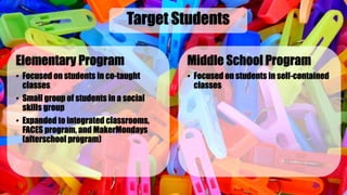Elementary Program
• Focused on students in co-taught
classes
• Small group of students in a social
skills group
• Expanded to integrated classrooms,
FACES program, and MakerMondays
(afterschool program)
Target Students
Middle School Program
• Focused on students in self-contained
classes
 